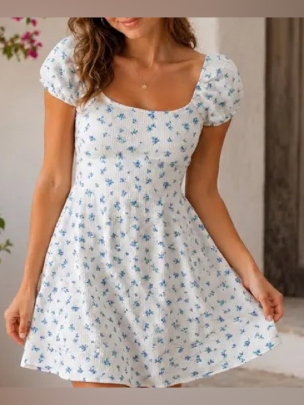 See You Monday White & Blue Ditsy Floral Puff Sleeve Mini Dress Size M NWT